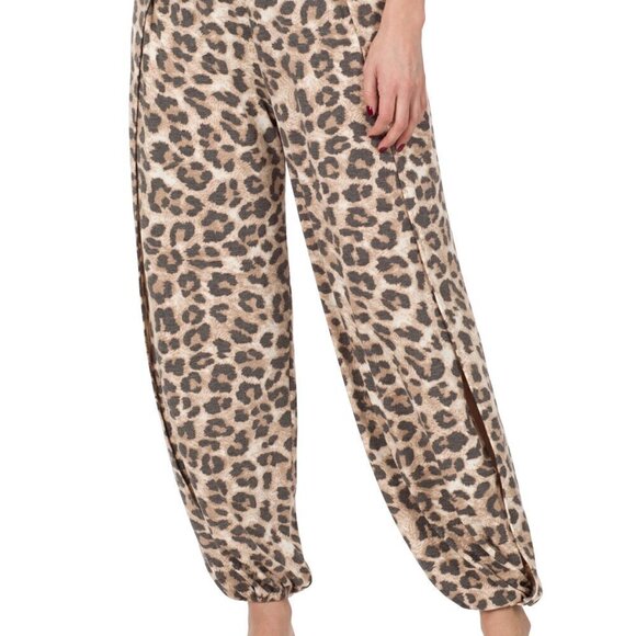 Zenana Women's Leopard Print Open Leg Split Jogger Lounge Wear Pants - Picture 10 of 11